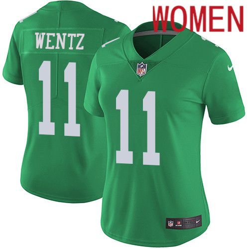 Women Philadelphia Eagles #11 Carson Wentz Nike Green Vapor Limited Rush NFL Jersey->women nfl jersey->Women Jersey
